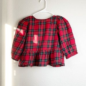 H&M Red Plaid Puff Sleeve Top Keyhole Back